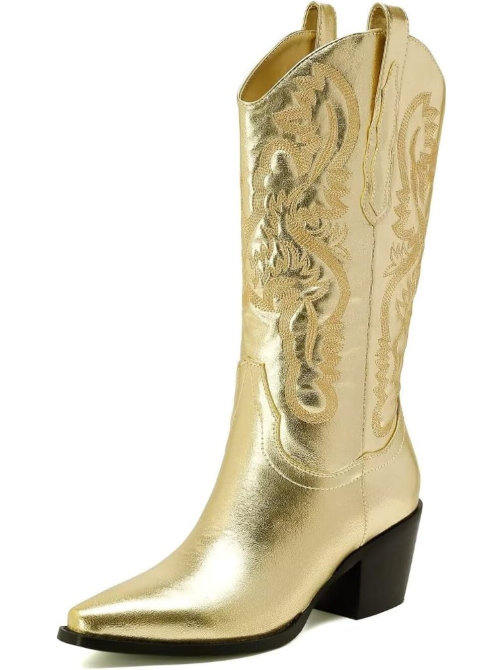 Women's Gold Western Embroidered Medium Heel Fashionable Stylish Cowgirl Boots